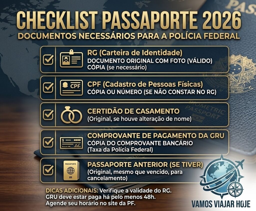 Infográfico listando RG, CPF, Certidão de Casamento e comprovante de pagamento da GRU para emissão de passaporte.