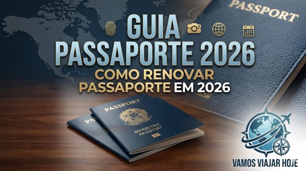 Foto em close do novo modelo de passaporte brasileiro azul sobre um mapa-múndi e um celular com o site da Polícia Federal aberto.