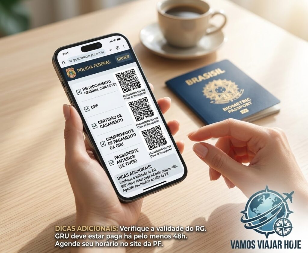 Smartphone mostrando pagamento via PIX da taxa de emissão do passaporte brasileiro em 2026, com o novo documento ao fundo.