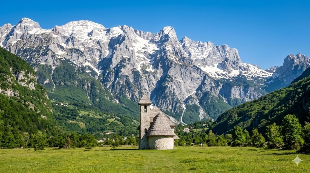 Roteiro Albânia 2026: O Guia Estratégico do Norte ao Sul (Além das Praias) roteiro Albânia 2026 Uma igrejinha de pedra solitária no vale de Theth, cercada por montanhas cobertas de neve sob um céu azul profundo.