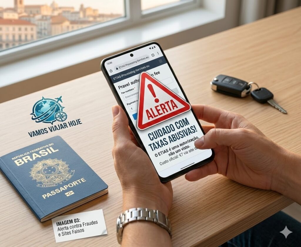 ETIAS foi adiado , Uma mão segurando um smartphone que exibe um sinal de alerta vermelho sobre um site de cobrança de taxas de visto, com um aviso escrito 