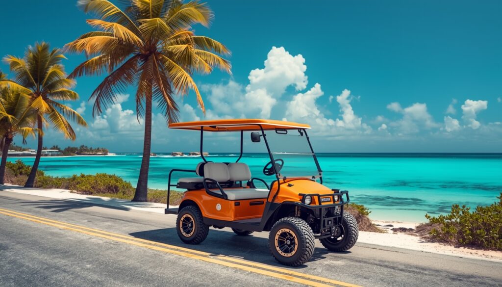 🏝️ San Andrés 2026: Guia Completo para o Mar de Sete Cores Turistas em um carrinho de golfe (mule) em uma estrada costeira em San Andrés.