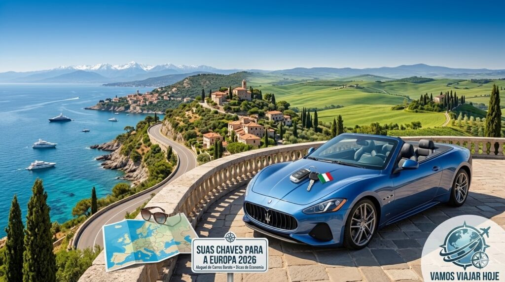 aluguel de carro na Europa 2026 , Um carro conversível moderno estacionado em um mirante com vista para a costa da Riviera ou estradas sinuosas da Toscana, com as chaves sobre o capô.