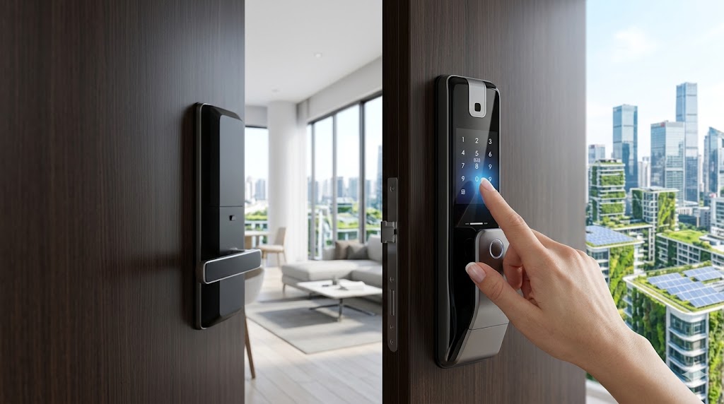 Fechadura inteligente em apartamento moderno em Shenzhen, China.