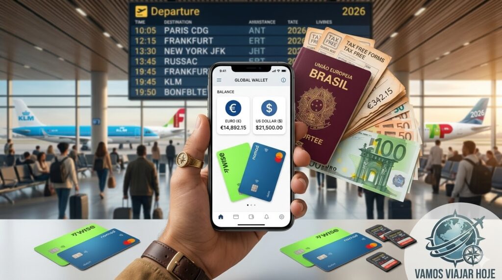 Wise vs Nomad 2026 Mão segurando um smartphone que exibe um aplicativo de finanças com saldos em Dólar e Euro em um terminal de aeroporto.