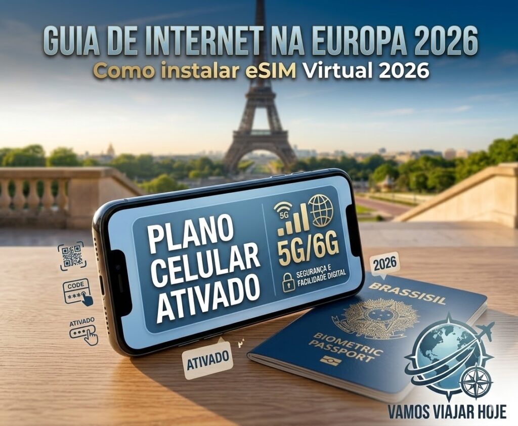 Internet Ilimitada na Europa 2026: O Guia Definitivo do eSIM Virtual Close de uma tela de smartphone exibindo a mensagem "Plano Celular Ativado" com ícones de rede 5G ao lado de um passaporte.