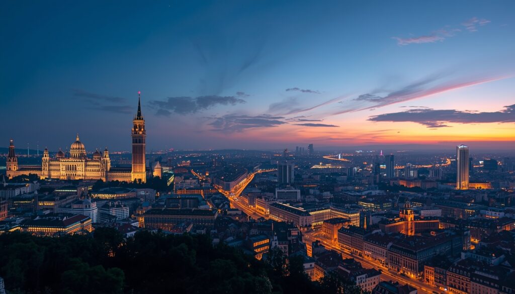 como morar na polônia Vista aérea moderna do skyline de Varsóvia com arranha-céus espelhados e luzes da cidade ao entardecer.