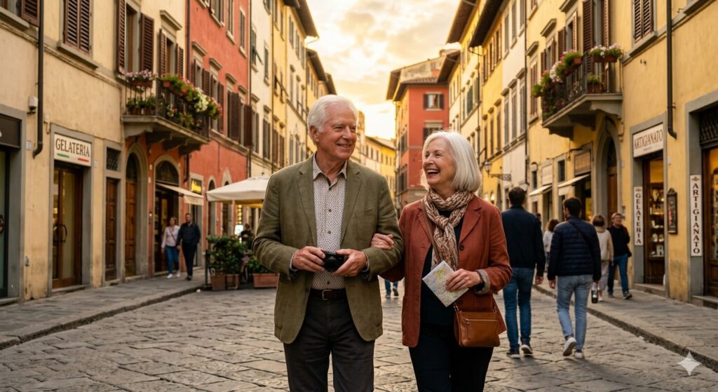 Casal de idosos viajando pela Europa com seguro viagem adequado em 2026