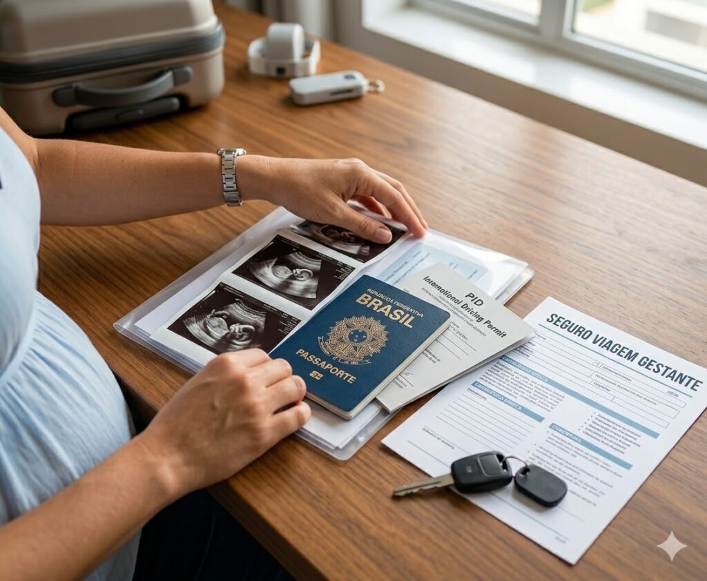 Seguro Viagem para Grávidas 2026: O Guia Definitivo para uma Babymoon Segura Mão feminina organizando passaporte, exames de ultrassom e a apólice do seguro viagem sobre uma mesa de madeira.