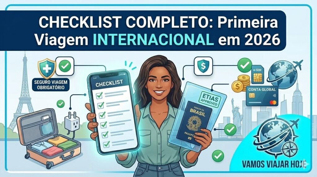 Checklist Completo para Primeira Viagem Internacional em 2026: Não Esqueça Nada! Infográfico de checklist para primeira viagem internacional com passaporte, mala e itens de tecnologia em 2026.