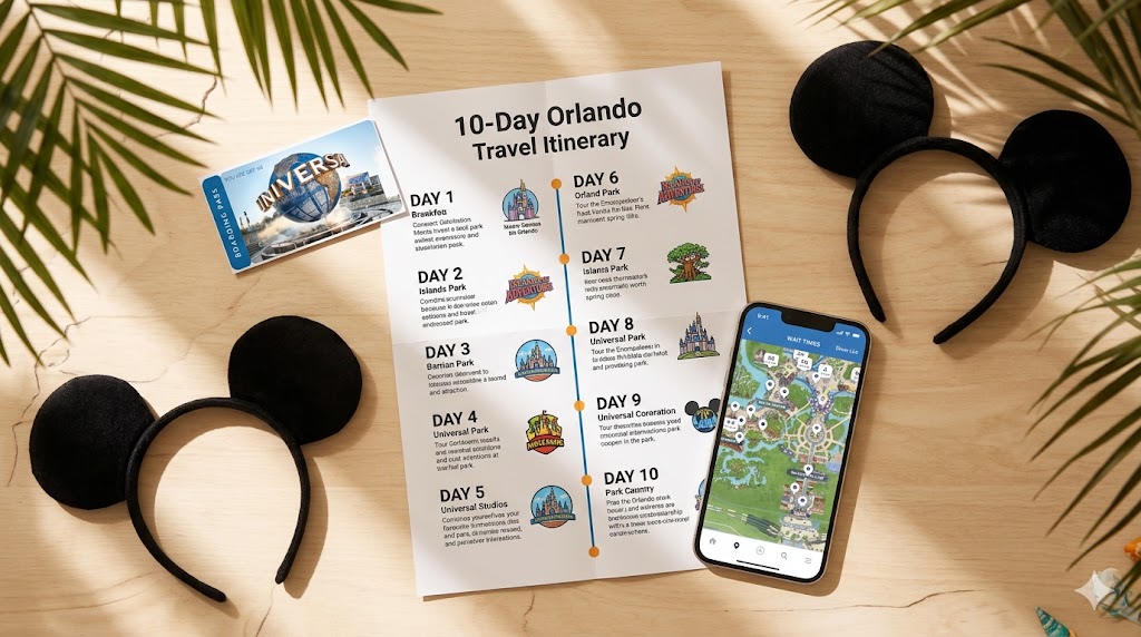Planejamento de 10 dias de viagem para Orlando com parques Disney e Universal.