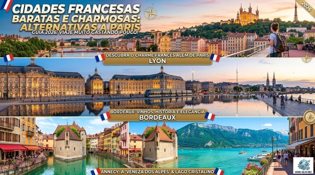 Colagem de fotos de Lyon, Bordeaux e Annecy mostrando a beleza das cidades francesas além de Paris em 2026 cidades francesas mais baratas e charmosas