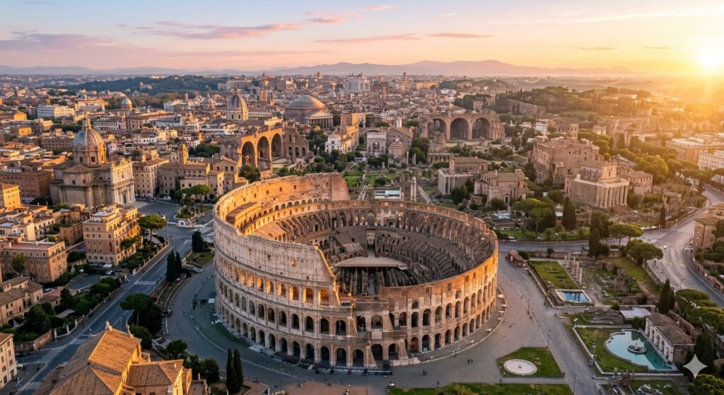 Roteiro Barato Itália: 7 Dias Gastando Pouco em 2026 Coliseu de Roma ao amanhecer — parada obrigatória no roteiro barato Itália 2026