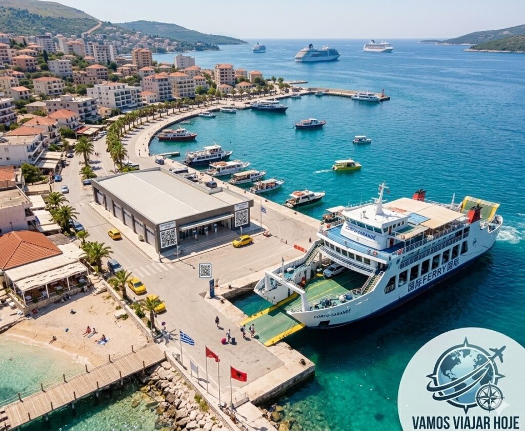 Albânia: O Guia Completo para as 'Maldivas da Europa' em 2026 O ferry boat chegando ao porto de Sarandë vindo da Grécia, mostrando a facilidade de acesso à Albânia.