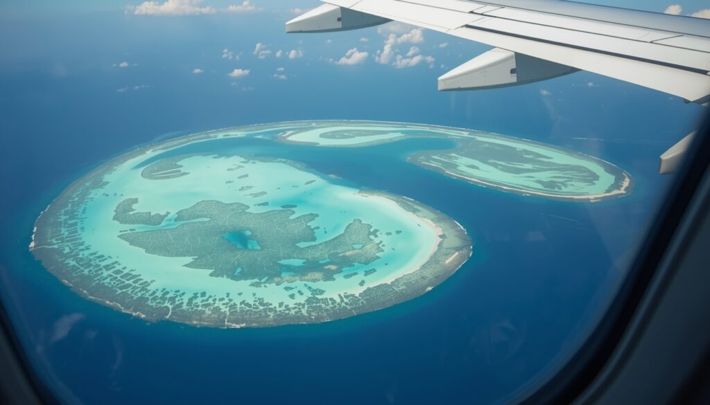 🏝️ San Andrés 2026: Guia Completo para o Mar de Sete Cores Como viajar para San Andrés Vista da janela do avião chegando em San Andrés, mostrando o mar de sete cores.