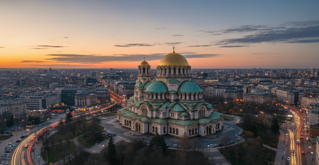 Vista panorâmica da Catedral Alexander Nevsky em Sofia, Bulgária, com arquitetura neoclássica e céu vibrante ao entardecer.