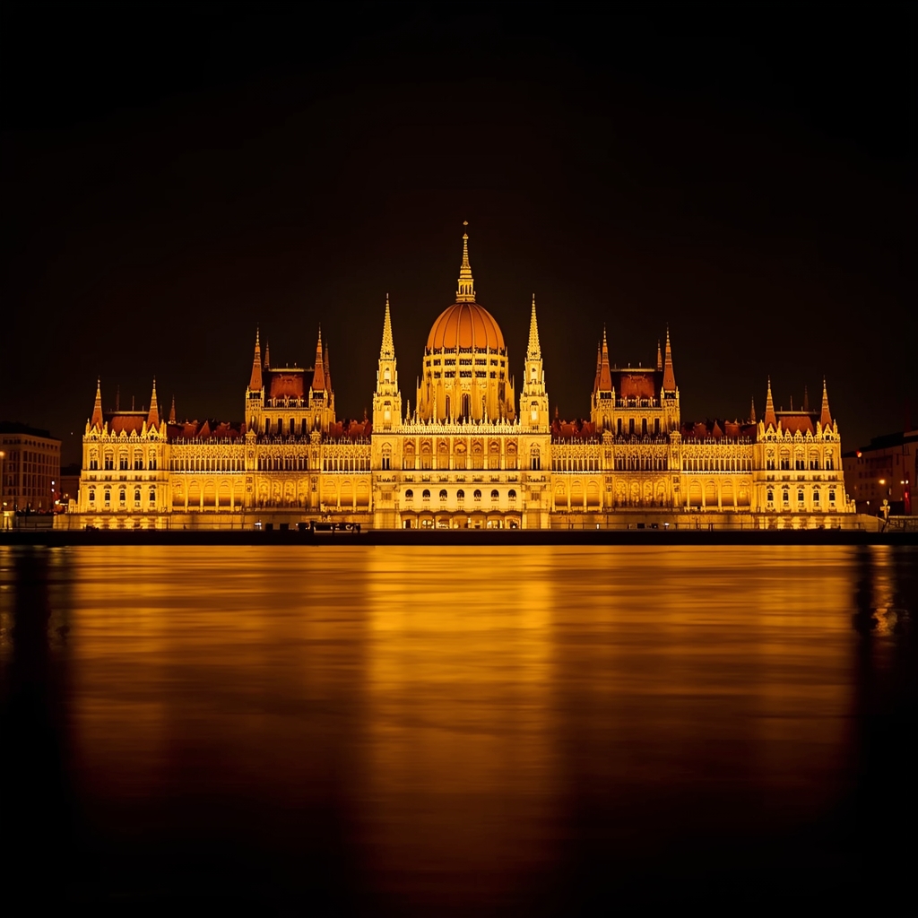 como morar na hungria O Parlamento Húngaro iluminado refletindo no Rio Danúbio ao anoitecer, com a Ponte das Correntes ao fundo.