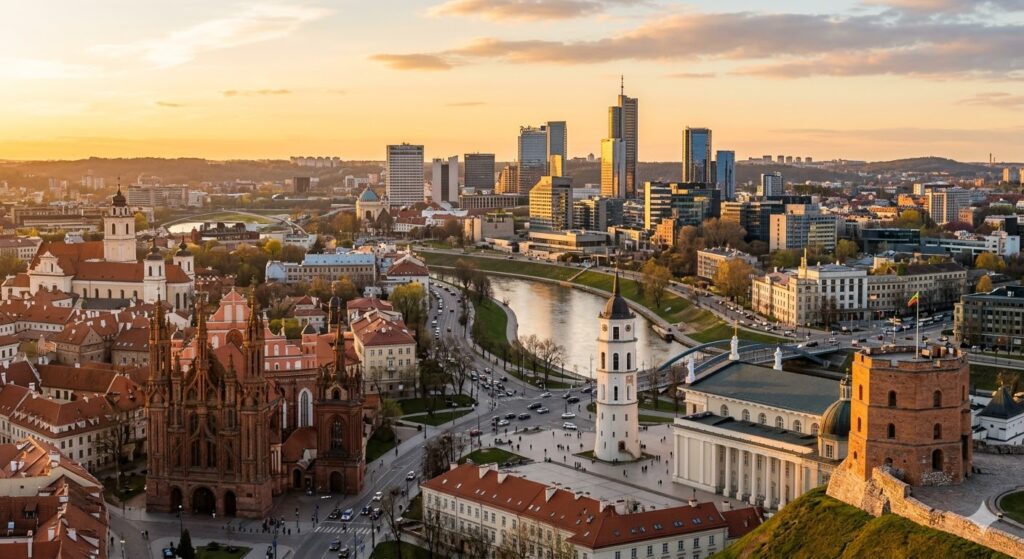 morar na lituânia Skyline de Vilnius ao pôr do sol, mostrando a mistura da cidade velha barroca com os modernos arranha-céus do distrito financeiro.