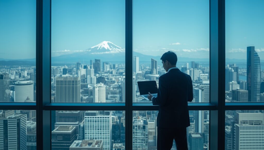 🇯🇵 Como Morar no Japão em 2026: O Guia Definitivo para Brasileiros como morar no japão Um profissional brasileiro de tecnologia a trabalhar num escritório moderno em Shinjuku, Tóquio, com o Monte Fuji visível ao fundo através da janela