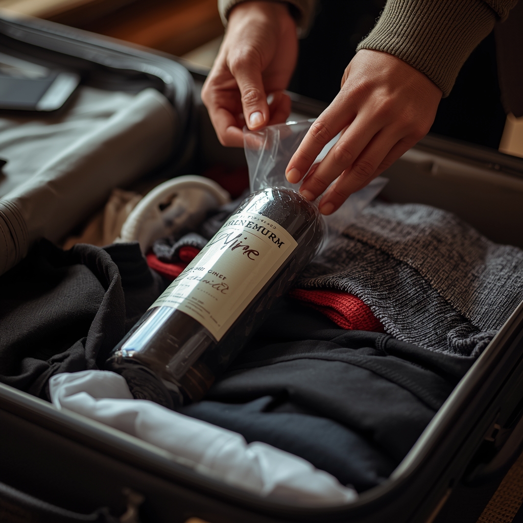 Mão embalando garrafa de vinho com proteção dentro de uma mala de viagem.