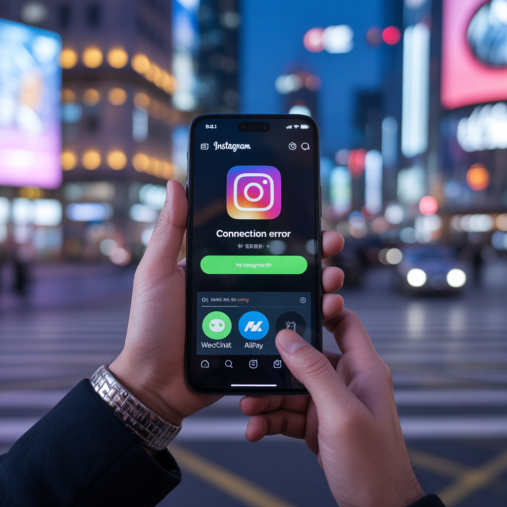 Smartphone mostrando erro de conexão em apps ocidentais e a alternativa de usar apps chineses como WeChat durante a viagem.