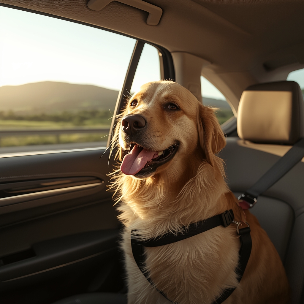 Como Viajar com Cachorro Cachorro Golden Retriever feliz e seguro usando cinto de segurança pet em uma viagem de carro em família.