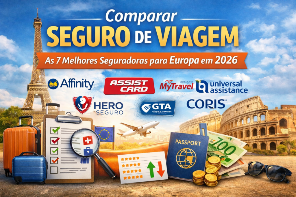 Comparar Seguro de Viagem: As 7 Melhores Seguradoras para Europa em 2026 Comparativo visual das marcas Assist Card, Affinity, My Travel, Universal Assistance, Hero, GTA e Coris para viagens em 2026.
