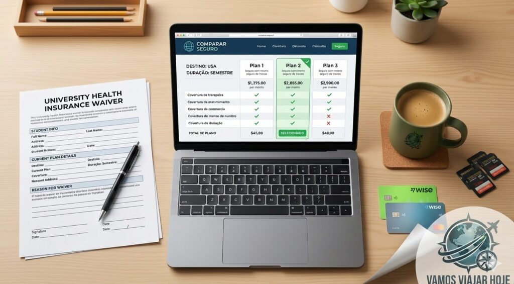 Tela de notebook mostrando a comparação de preços da Comparar Seguro de Viagem ao lado de um formulário de Waiver da universidade.