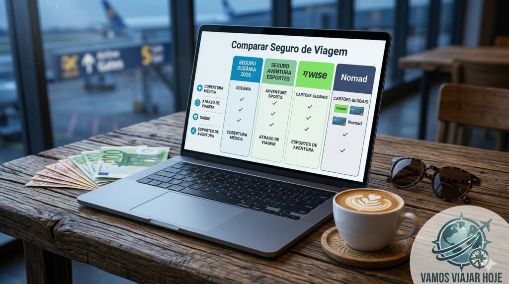 Tela de notebook mostrando o site da Comparar Seguro de Viagem com diversos planos para a Austrália.