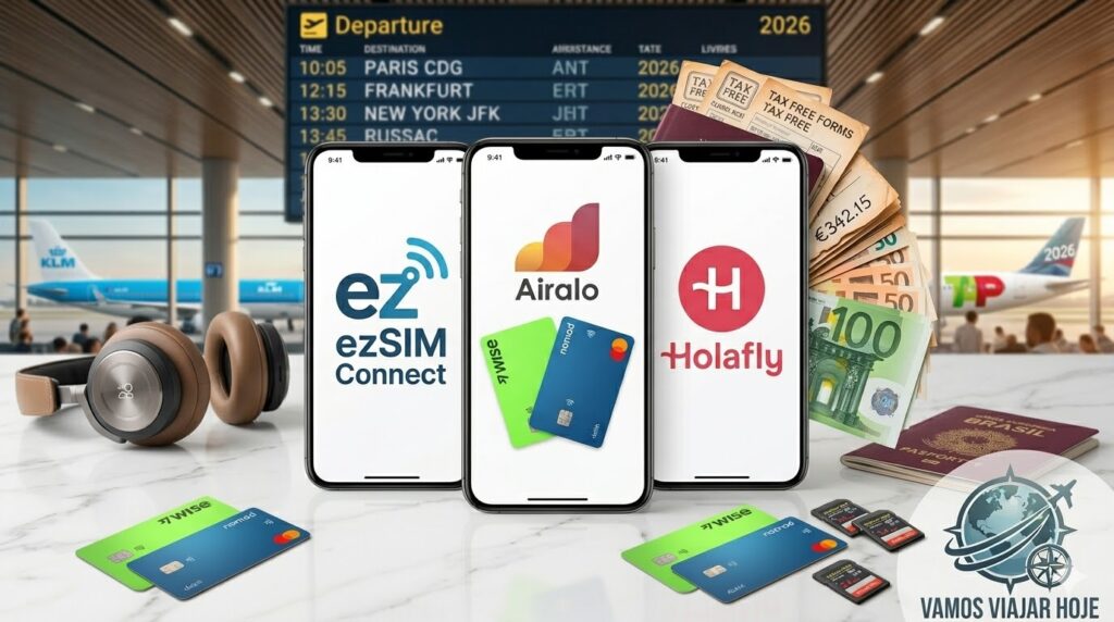ezSIM Connect vs Airalo vs Holafly: Qual o melhor eSIM Europa 2026? Três celulares lado a lado mostrando os logos da ezSIM Connect, Airalo e Holafly com um passaporte ao fundo.