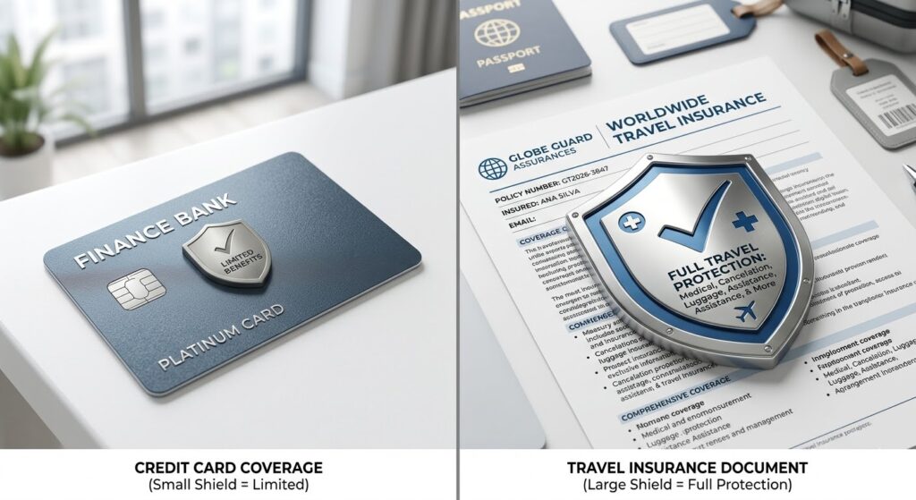 Viajante contratando o melhor seguro viagem em 2026 no lugar do seguro do cartão de crédito