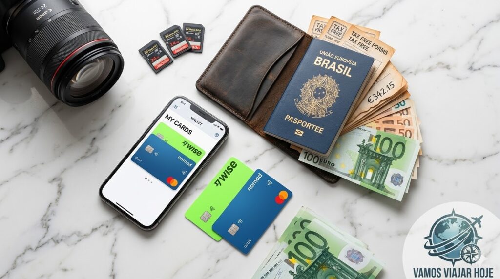 Pessoa realizando pagamento via celular em uma padaria europeia com a Torre Eiffel visível ao fundo.