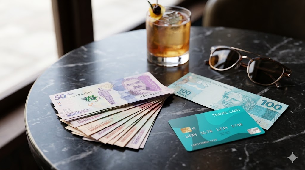 🏝️ San Andrés 2026: Guia Completo para o Mar de Sete Cores Comparação entre notas de Real e Peso Colombiano sobre uma mesa elegante