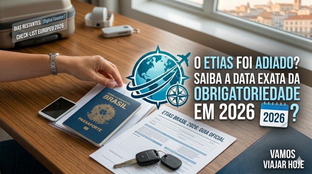 O ETIAS foi adiado? Saiba a data exata da obrigatoriedade em 2026 Infográfico colorido dividindo o ano de 2026 em três fases: Lançamento, Período de Graça e Obrigatoriedade do ETIAS.