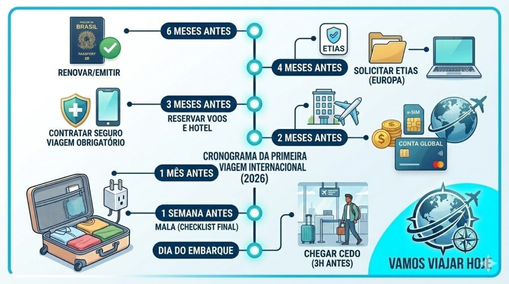 Infográfico com a linha do tempo para planejamento de primeira viagem internacional, incluindo emissão de passaporte, ETIAS, seguro viagem e conta global em 2026.