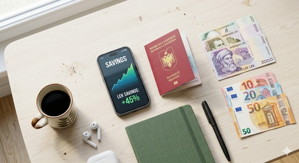 🇦🇱 Guia Definitivo: Como Morar na Albânia em 2026 (O Novo Paraíso Europeu) Como morar na Albânia em 2026 Um par de mãos organizando notas de Euro e Lek ao lado de um smartphone mostrando um gráfico de economia de gastos.