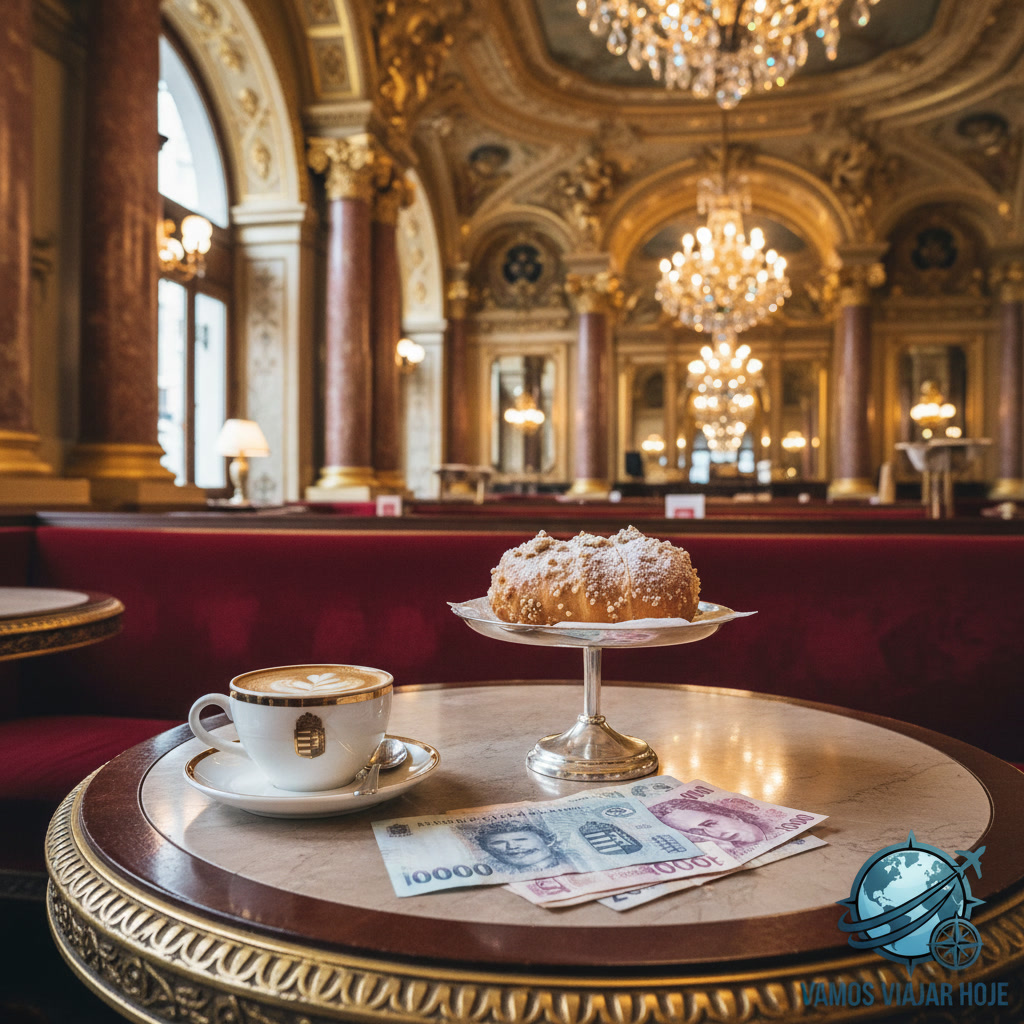 Uma mesa em um café histórico de Budapeste com um café, um doce típico (Kürtőskalács) e notas de Forint húngaro.