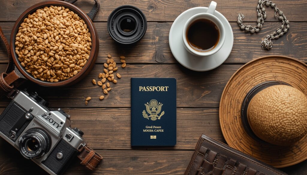 Uma mesa de café organizada com notas de Złoty polonês, um smartphone mostrando um app de finanças e um passaporte brasileiro.