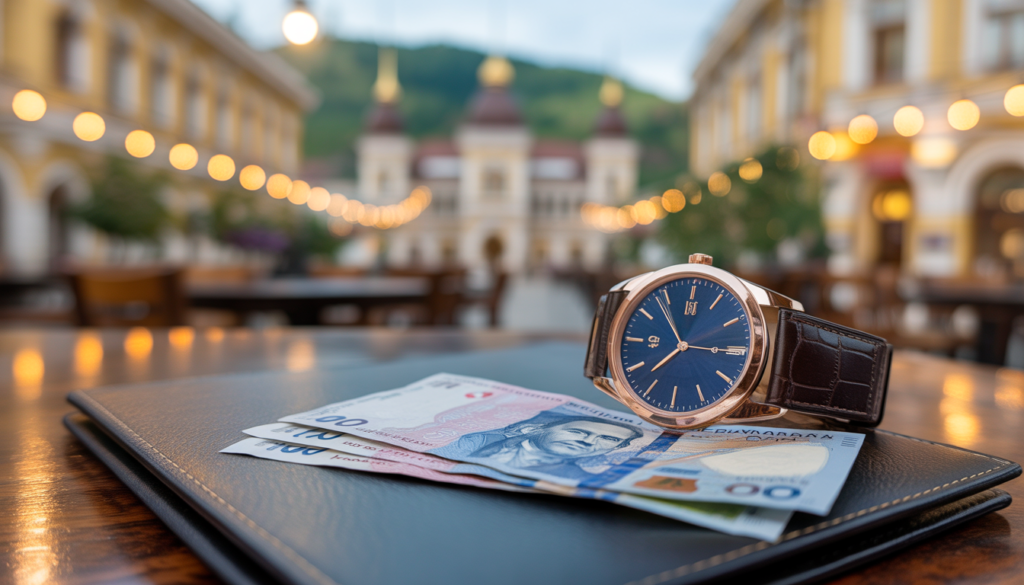 🇷🇴 Guia Definitivo: Como Morar na Romênia em 2026 (O Hub Tech do Leste Europeu) morar na romênia Uma carteira com notas de Leu Romeno (RON) ao lado de um menu de restaurante luxuoso e um smartphone.