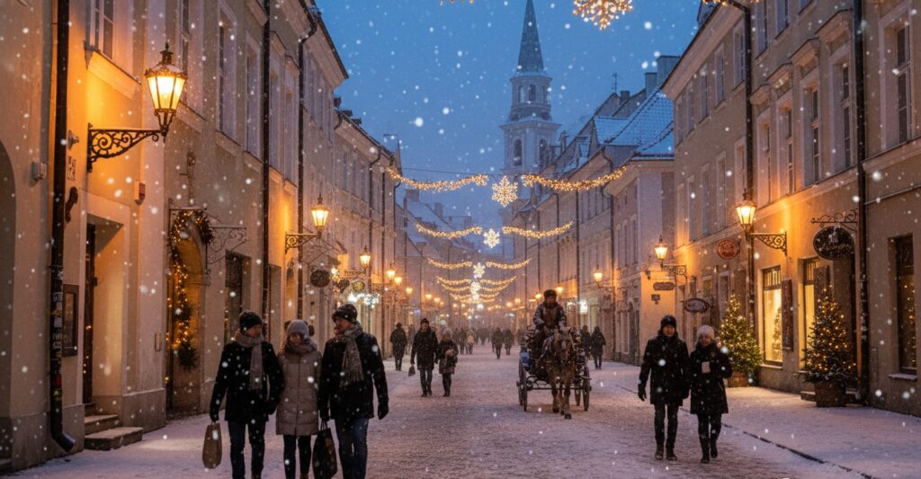 Rua principal de Vilnius coberta de neve e iluminada por luzes de Natal, com pessoas caminhando com segurança.