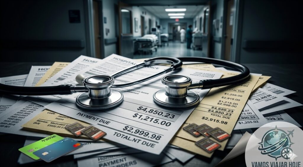 seguro viagem intercâmbio EUA 2026 Um estetoscópio sobre uma conta de hospital americana com valores altos, destacando a necessidade de seguro.