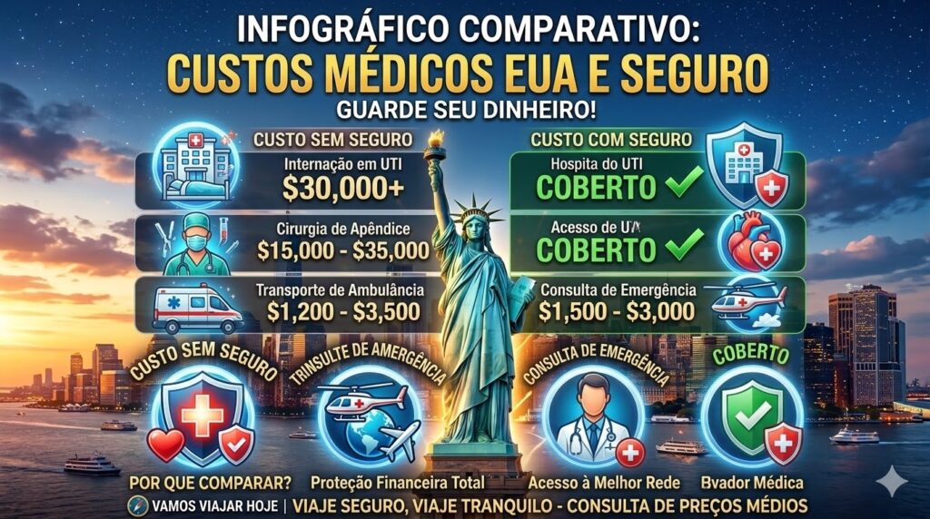 Melhor Seguro Viagem para os Estados Unidos em 2026: Guia Absolutamente Completo Gráfico comparativo mostrando os altos custos de hospitais americanos e a economia ao contratar o melhor seguro viagem para os Estados Unidos.