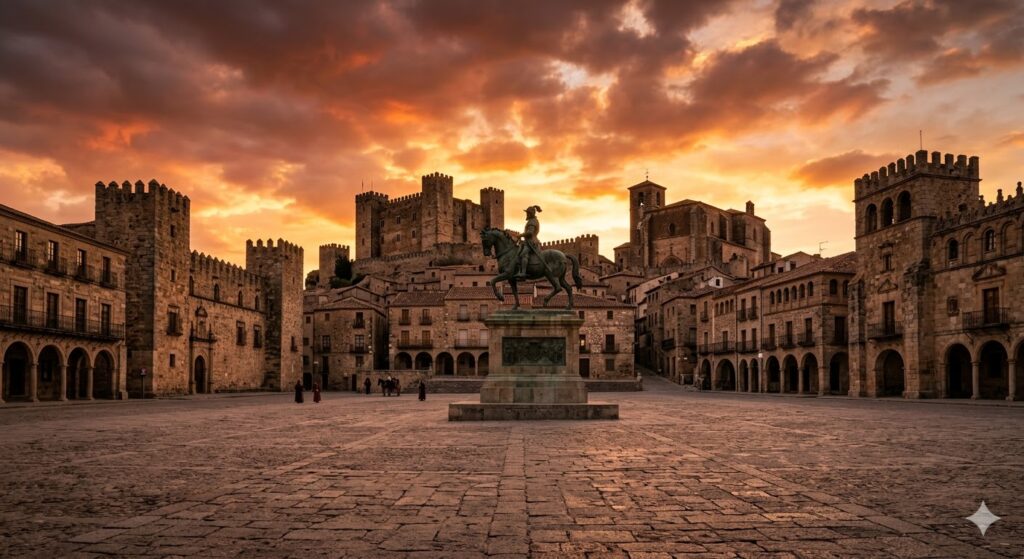 Praça histórica em Trujillo, Espanha, um dos destinos de séries mais épicos para visitar em 2026.