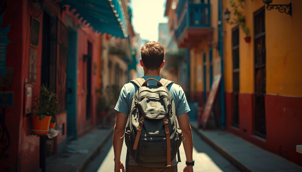 Mochileiro com mochila nas costas caminhando pelos Andes na América do Sul