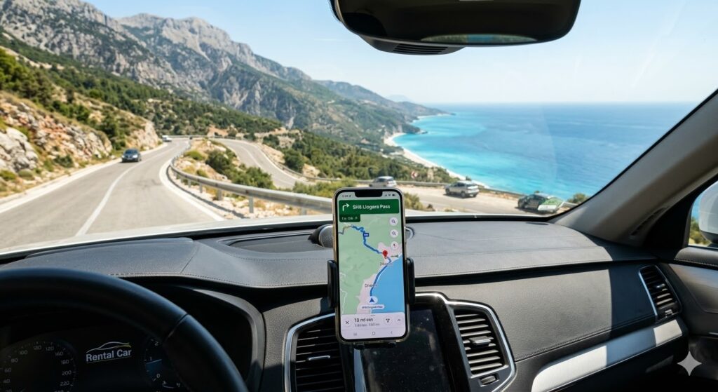 Roteiro Albânia 2026: O Guia Estratégico do Norte ao Sul (Além das Praias) Um carro de aluguer moderno parado num miradouro na estrada costeira de Llogara Pass, com o Mar Adriático ao fundo e um smartphone no painel a mostrar o GPS.