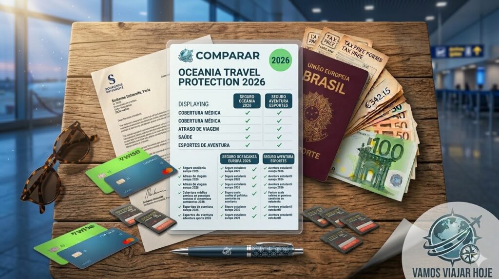 seguro viagem intercâmbio Europa 2026 Uma mesa organizada com passaporte, carta de aceitação da universidade e uma apólice de seguro viagem impressa.