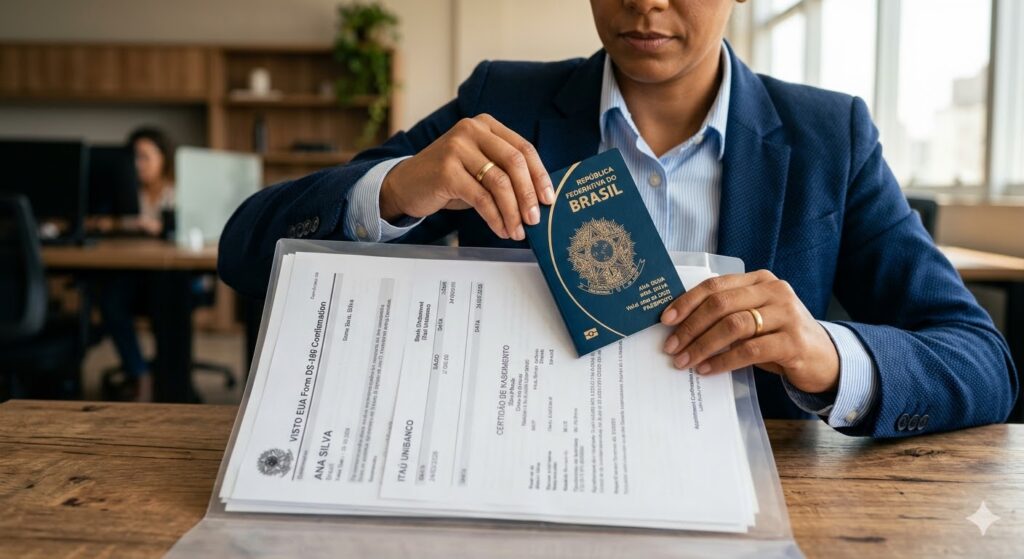 Visto Americano para Brasileiros: Guia Completo Passo a Passo 2026 Pasta com documentos financeiros e passaporte para a entrevista do visto americano para brasileiros.