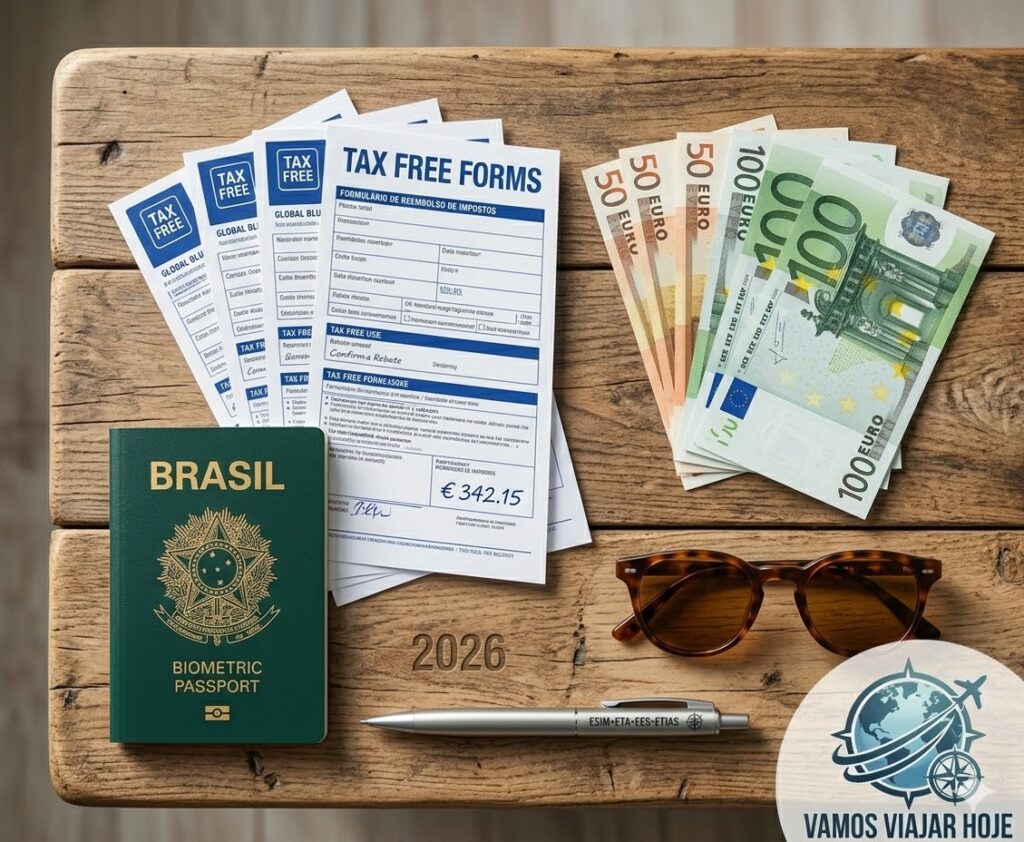 O que é o Tax Free e como funciona em 2026? Flat lay organizado sobre uma mesa de madeira contendo passaporte, formulário da Global Blue, caneta e notas de Euro.
