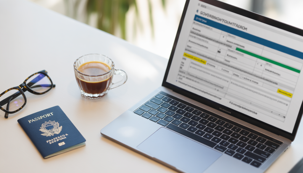 Visto Americano para Brasileiros: Guia Completo Passo a Passo 2026 Passaporte brasileiro ao lado de notebook iniciando o processo de visto americano para brasileiros em 2026.