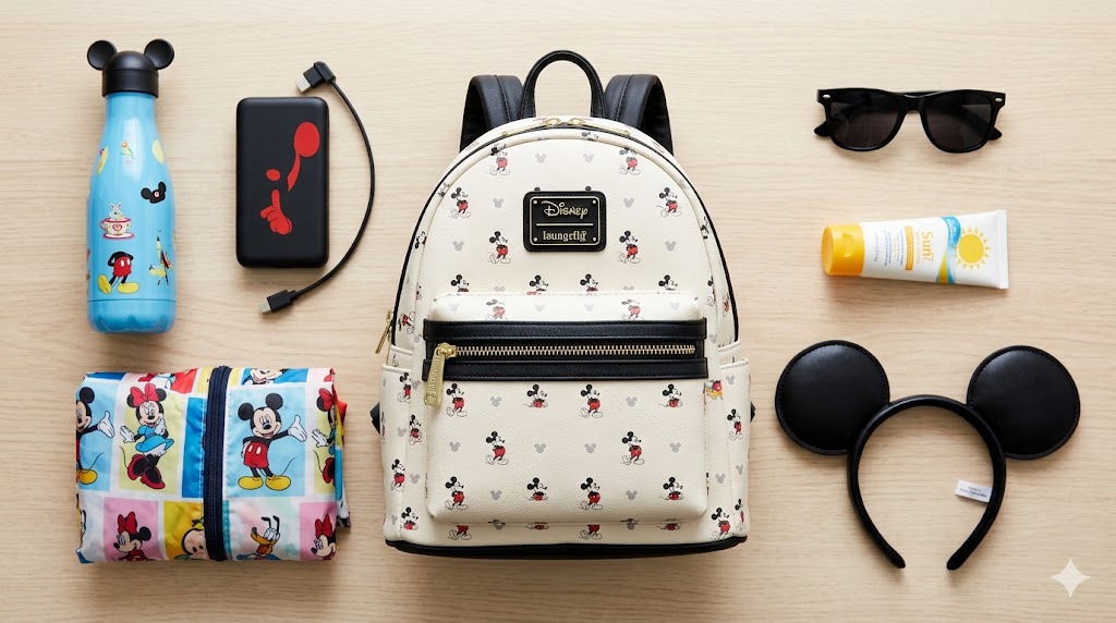 Itens essenciais organizados para levar na mochila para um dia nos parques da Disney.